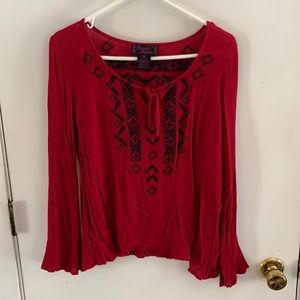 Cowboy Legend  berry red long sleeve shirt with black southwestern embroidery